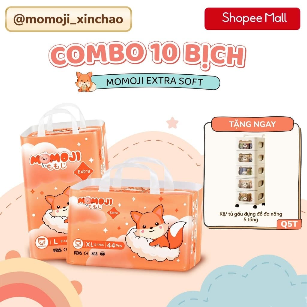 Combo 10 Bịch Tã Bỉm Dán/Quần NB/S/M/L/XL/XXL/XXXL Momoji Extra Soft Mềm Mại, Siêu Mỏng, Siêu Thấm Hút, An Toàn Cho Bé