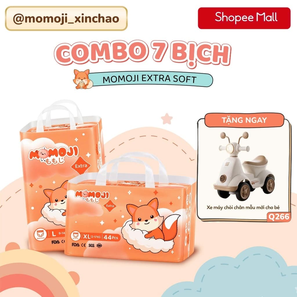 Combo 7 Bịch Tã Bỉm Dán/Quần Momoji Extra Soft NB/S/M/L/XL/XXL/XXXL Mềm Mại, Siêu Mỏng, Siêu Thấm Hút, An Toàn Cho Bé