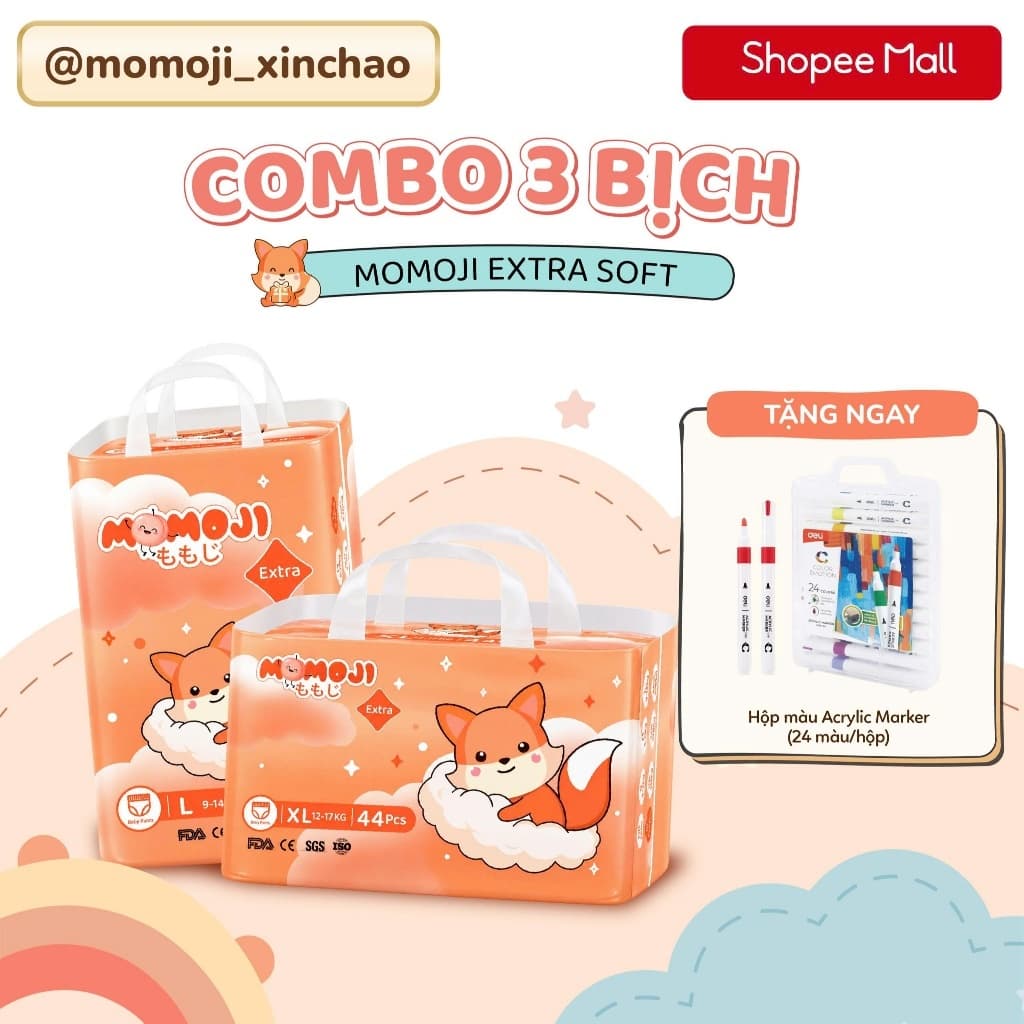 Combo 3 Bịch Tã Bỉm Dán/Quần Momoji Extra Soft NB/S/M/L/XL/XXL/XXXL Mềm Mại, Siêu Mỏng, Siêu Thấm Hút, An Toàn Cho Bé