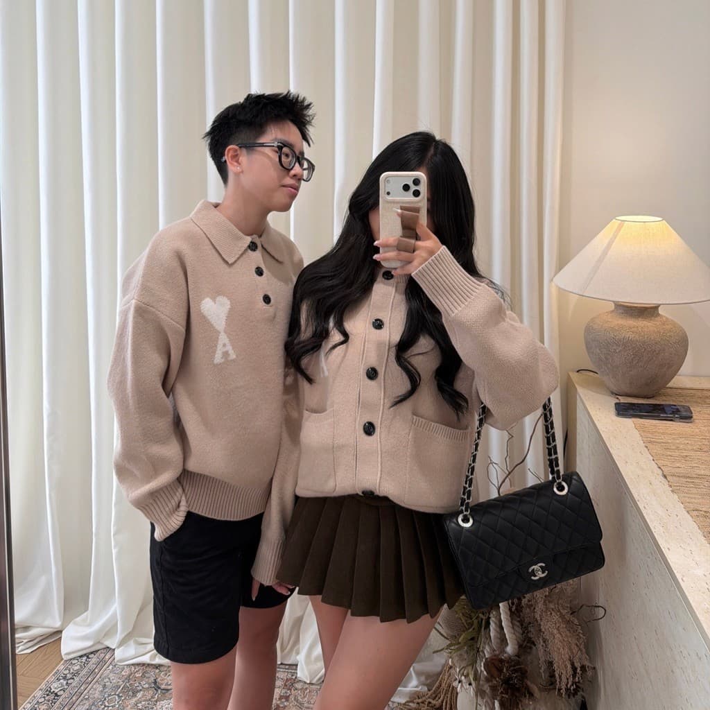 𝟏𝟒𝐚𝐦.𝐬𝐭𝐮𝐝𝐢𝐨 | Áo Len Polo Cổ Bẻ Cardigan Nam Nữ Thêu Trái Tim Chữ A Form Rộng Đồ Đôi Thu Đông