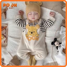 [Mở Bán](5-15kg) Body Áo Kẻ Liền Yếm Gấu POOH | Chất Zip Cotton Mềm Mại | CUTE, Ấm Áp Cho Bé Yêu 1