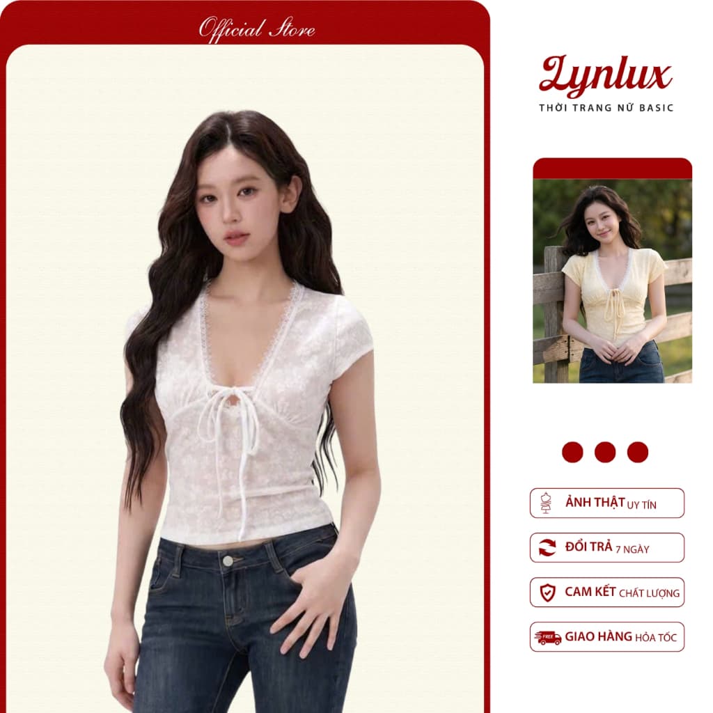 Áo kiểu nữ ren hoa mai LYNLUX cao cấp, áo croptop cổ V thắt nơ ngực quyến rũ co dãn thoáng mát