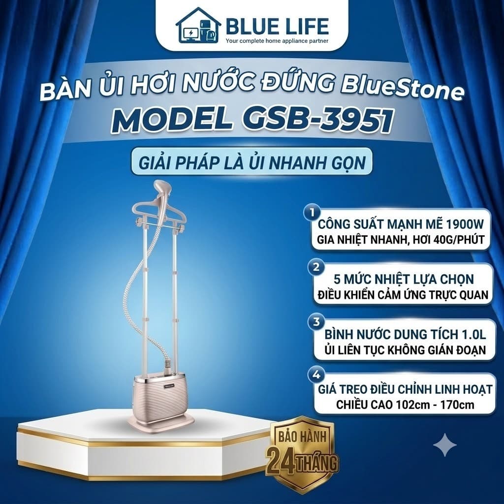 Bàn Ủi Hơi Nước Đứng BlueStone GSB-3951, 5 Mức Nhiệt, 1900w - 1.0Lit, Tự Làm Sạch, Chống Đóng Cặn, Hàng Chính Hãng