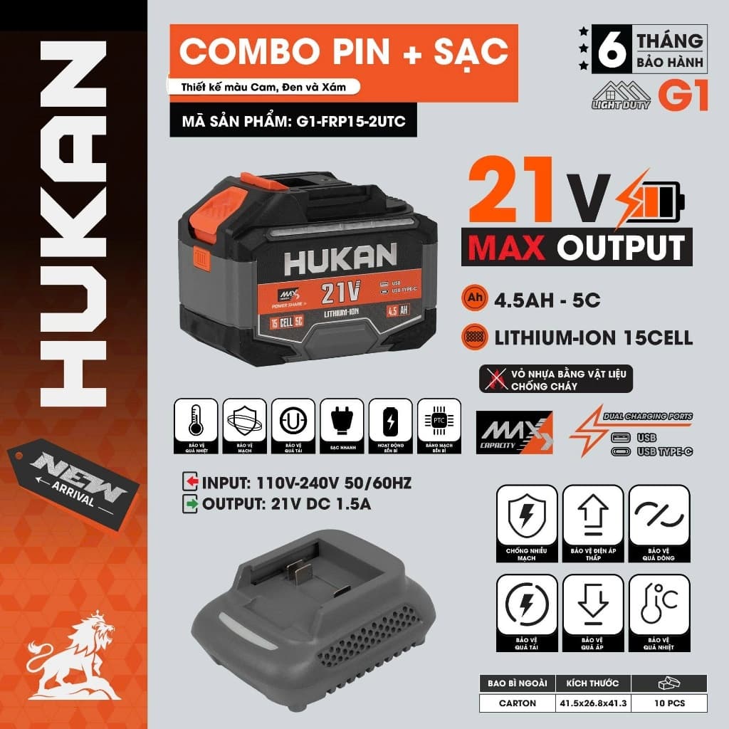 Combo Hukan 15 Cell 21V 4.5Ah Và Sạc Hukan G1-FRP15-2UTC, Tích Hợp Cổng Sạc USB Type-C Tiện Lợi