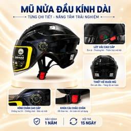 Nón Bảo Hiểm Có Kính Dài Nửa Đầu Cho Nam Và Nữ - Kiểu dáng trẻ trung,  Phong Cách Độc Đáo - Chính Hãng 2