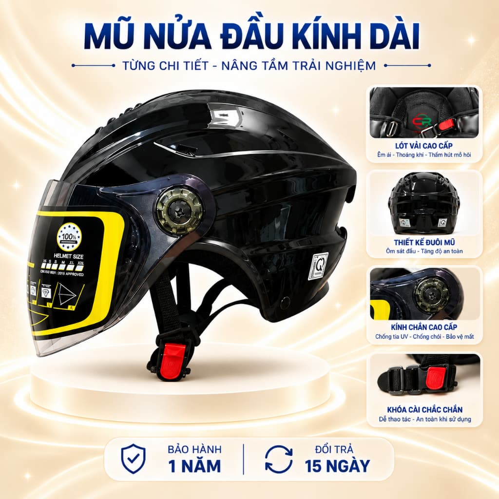 Nón Bảo Hiểm Có Kính Dài Nửa Đầu Cho Nam Và Nữ - Kiểu dáng trẻ trung,  Phong Cách Độc Đáo - Chính Hãng