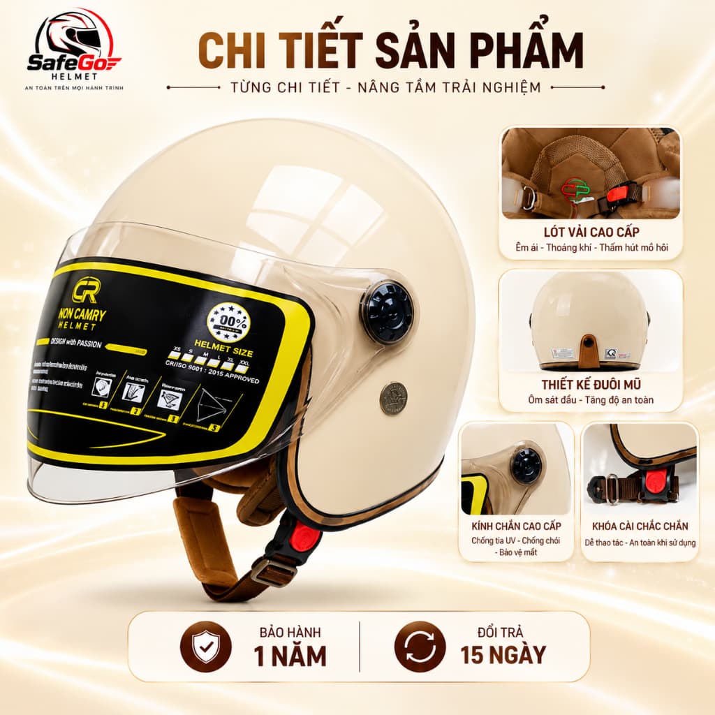 Mũ bảo hiểm 3/4 kính dài đa năng cho Nam Nữ, che nắng, mưa, chống lóa, Nhiều màu sắc thời trang