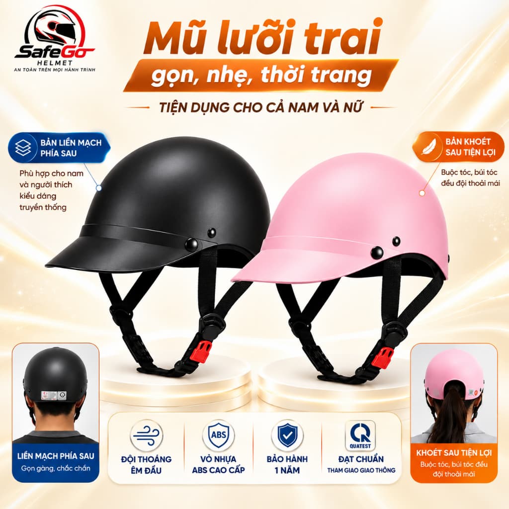 Nón Bảo Hiểm Lưỡi Trai cho Nữ và Nam, phong cách thời trang Chính Hãng