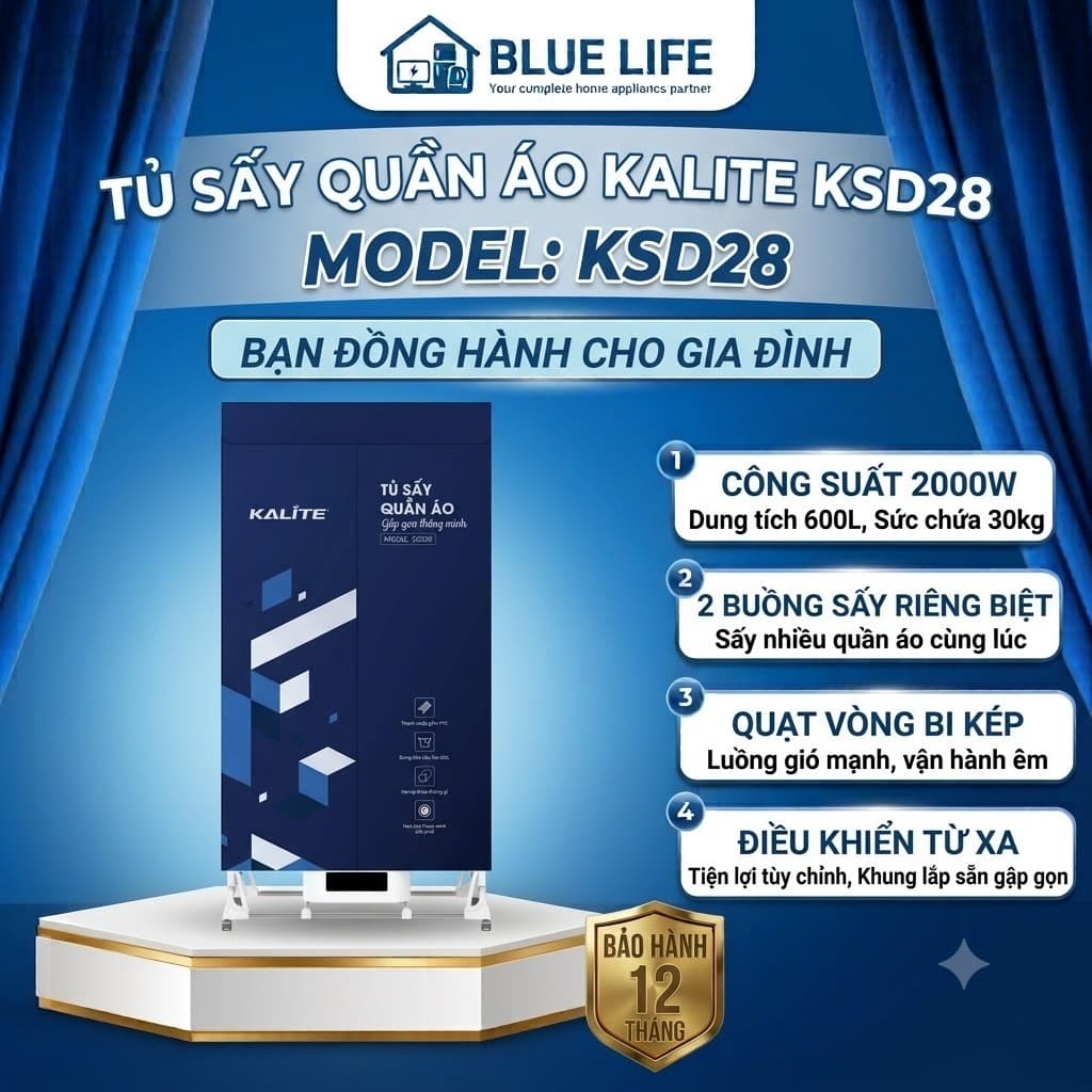 Tủ Sấy Quần Áo Gấp Gọn KALITE KSD28 Công Suất 2000W - Dung Tích 600L - 2 Buồng Sấy Riêng Biệt