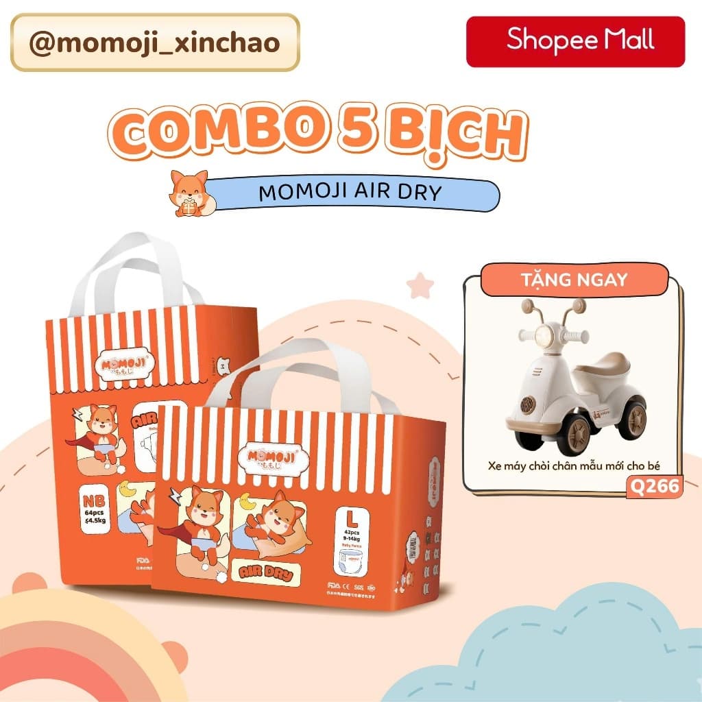 Combo 5 Tã Bỉm Dán/Quần Momoji Air Dry+ Êm Mềm Mịn, Siêu Mỏng, Siêu Khô Thoáng, An Toàn Cho Bé NB/S/M/L/XL/XXL/XXXL