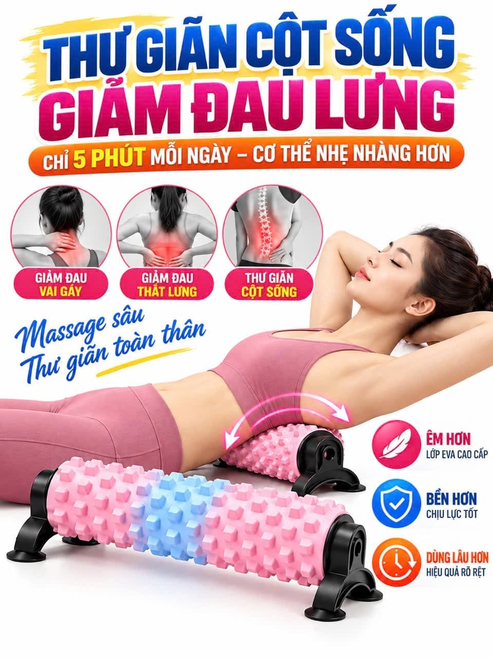 Con Lăn Massage Nâng Cấp HC Sport  4 Giác Hút, Foam Roller Thư Giãn Lưng Chân Tại Nhà