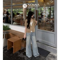 NOVAA - Quần jean nữ ống rộng cạp cao chất liệu jean denim mềm tôn dáng QJ03 3