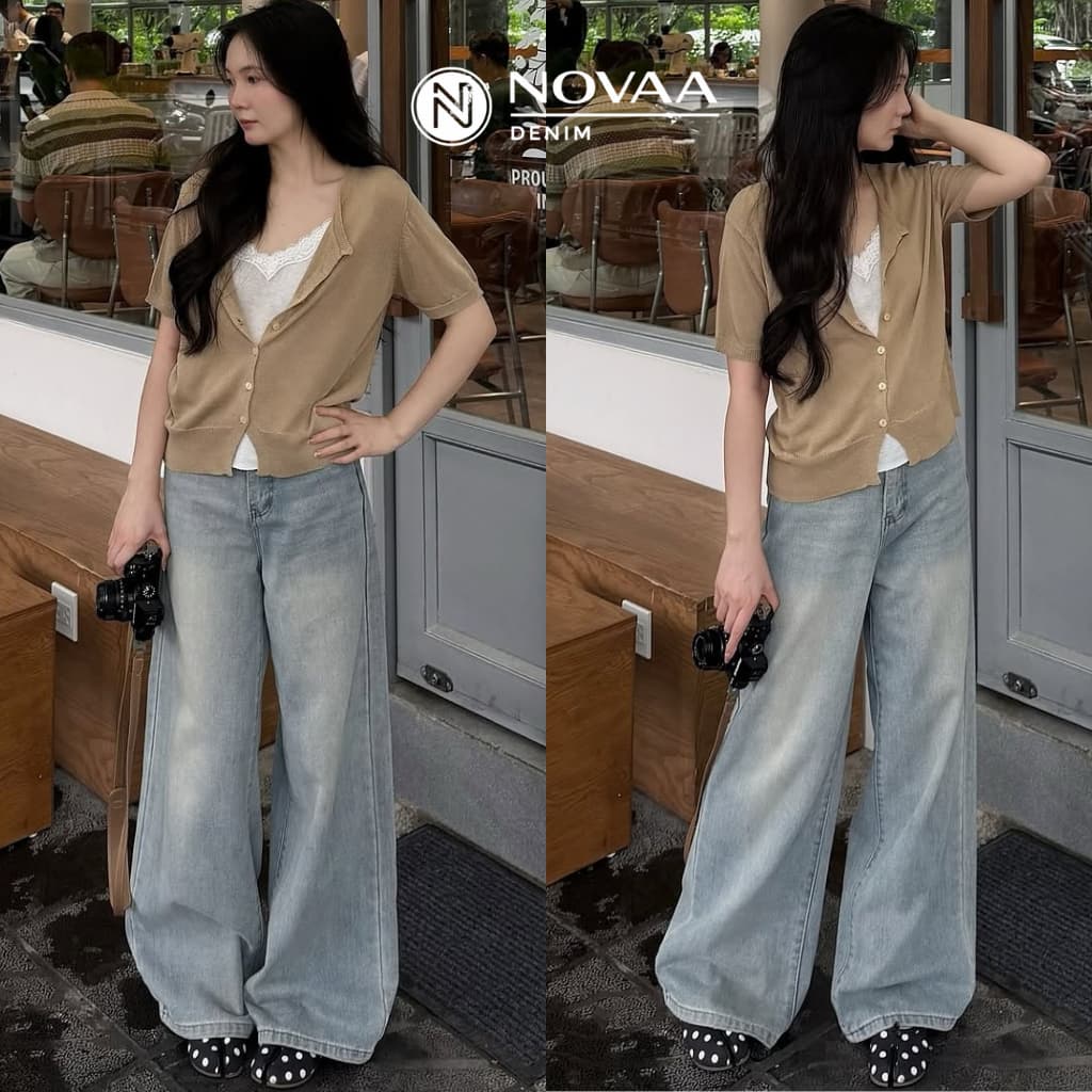 NOVAA - Quần jean nữ ống rộng cạp cao chất liệu jean denim mềm tôn dáng QJ03