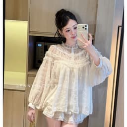 Set 2 món : Áo sơ mi babydoll thô boi hạt pha viền ren dài tay + Chân váy cao cấp style tiểu thư sang chảnh SHIP HỎA TỐC 1