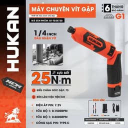 Máy chuyên vít gập pin HUKAN G1-TD2572D, Lực Siết 25N.m, 2 Tốc độ, Góc gập linh hoạt 75°, Đầu vít 1/4 inch 1