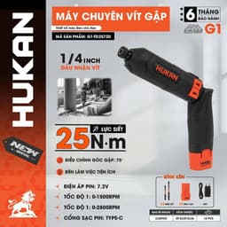 Máy chuyên vít gập pin HUKAN G1-TD2572D, Lực Siết 25N.m, 2 Tốc độ, Góc gập linh hoạt 75°, Đầu vít 1/4 inch 8
