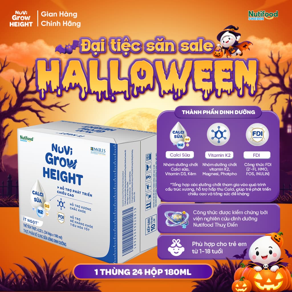 Sữa Nước Nuvi Grow Height (Thùng 24 Hộp 180m Ít Ngọt ) - Hỗ Trợ Phát Triển Chiều Cao