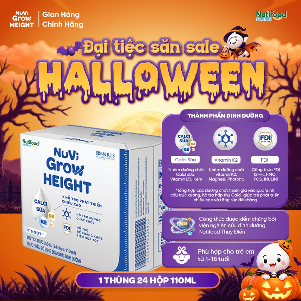 Sữa Nước Nuvi Grow Height (Thùng 24 Hộp 110m Ít Ngọt ) - Hỗ Trợ Phát Triển Chiều Cao