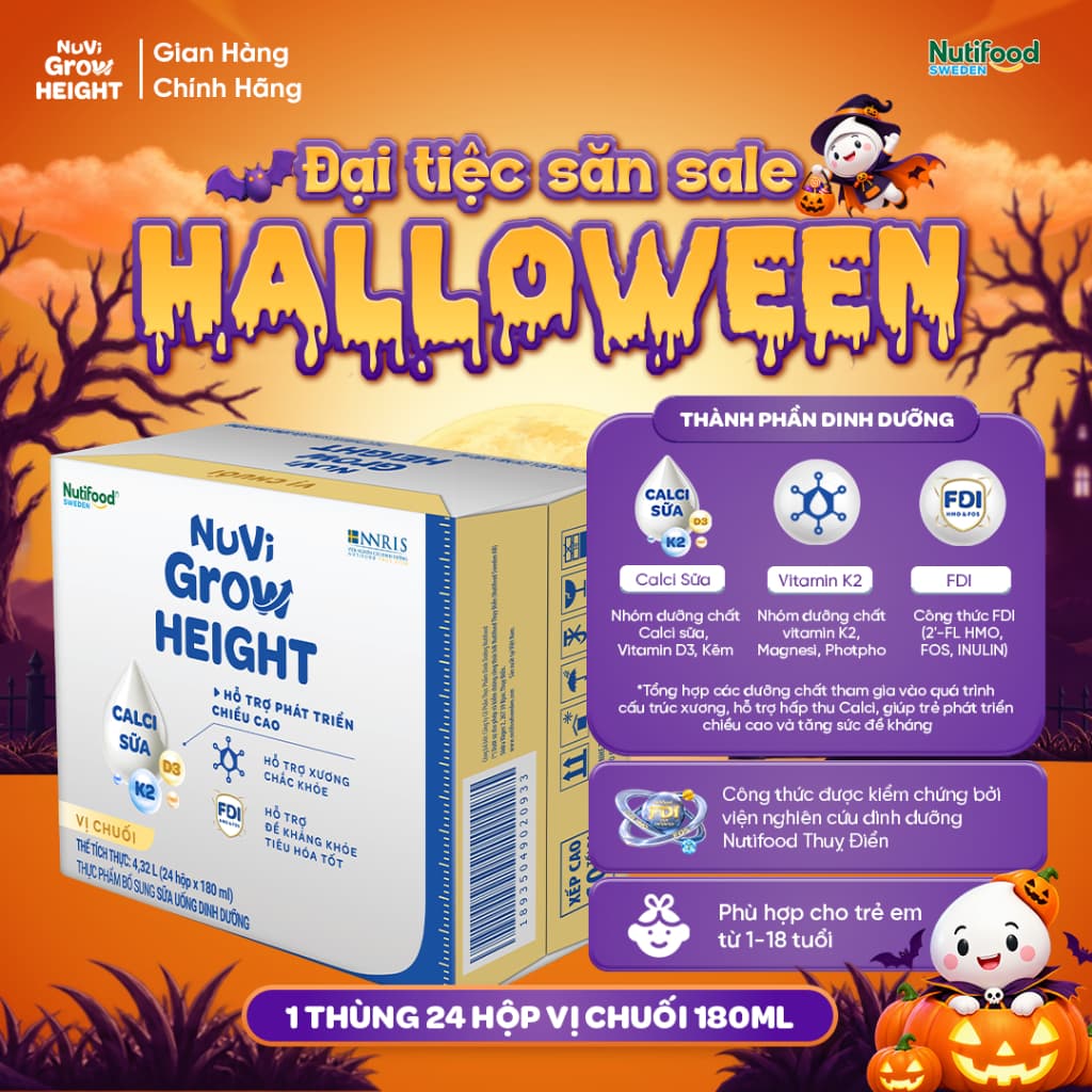 Sữa Nước Nuvi Grow Height (Thùng 24 Hộp 180m Vị Chuối ) - Hỗ Trợ Phát Triển Chiều Cao