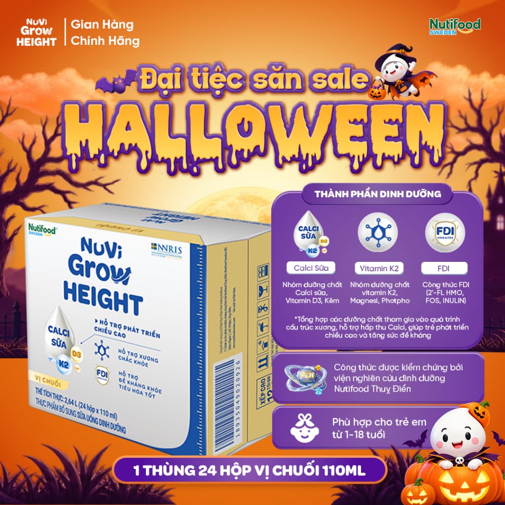 Sữa Nước Nuvi Grow Height (Thùng 24 Hộp 110ml Vị Chuối ) - Hỗ Trợ Phát Triển Chiều Cao