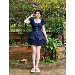 Bộ áo cổ vuông dáng peplum kèm phụ kiện phối chân váy có hình thật 8