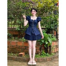 Bộ áo cổ vuông dáng peplum kèm phụ kiện phối chân váy có hình thật 2