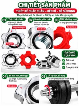 Bộ chốt thanh đòn tạ ren xoắn phi 25 phi 28 giữ bánh tạ chắc chắn... chỉ vừa với đòn tạ nhập khẩu. 3