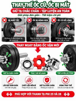 Bộ chốt thanh đòn tạ ren xoắn phi 25 phi 28 giữ bánh tạ chắc chắn... chỉ vừa với đòn tạ nhập khẩu. 2