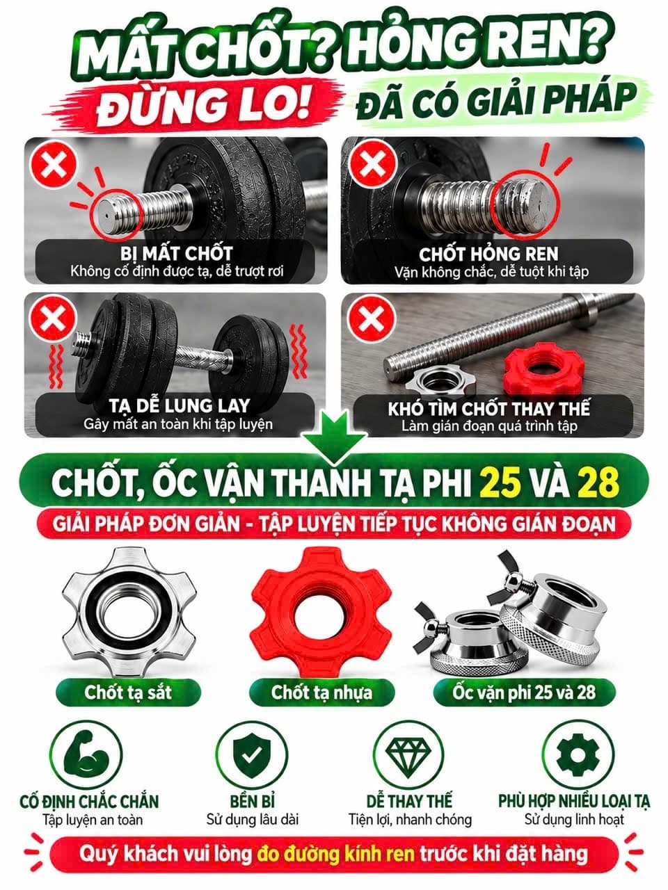 Bộ chốt thanh đòn tạ ren xoắn phi 25 phi 28 giữ bánh tạ chắc chắn... chỉ vừa với đòn tạ nhập khẩu.