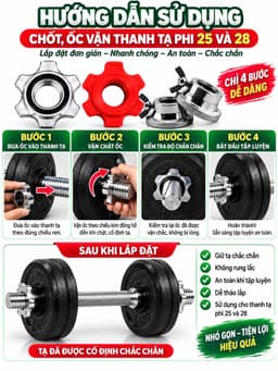 Bộ chốt thanh đòn tạ ren xoắn phi 25 phi 28 giữ bánh tạ chắc chắn... chỉ vừa với đòn tạ nhập khẩu. 5