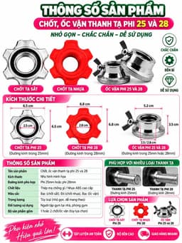 Bộ chốt thanh đòn tạ ren xoắn phi 25 phi 28 giữ bánh tạ chắc chắn... chỉ vừa với đòn tạ nhập khẩu. 6