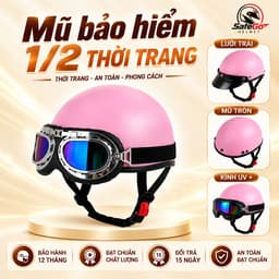 Mũ Bảo Hiểm 1/2 Dáng Phượt  – Gắn Kính Phi Công và Kính UV, Freesize Nam Nữ, Bảo Hành 12 Tháng. 1