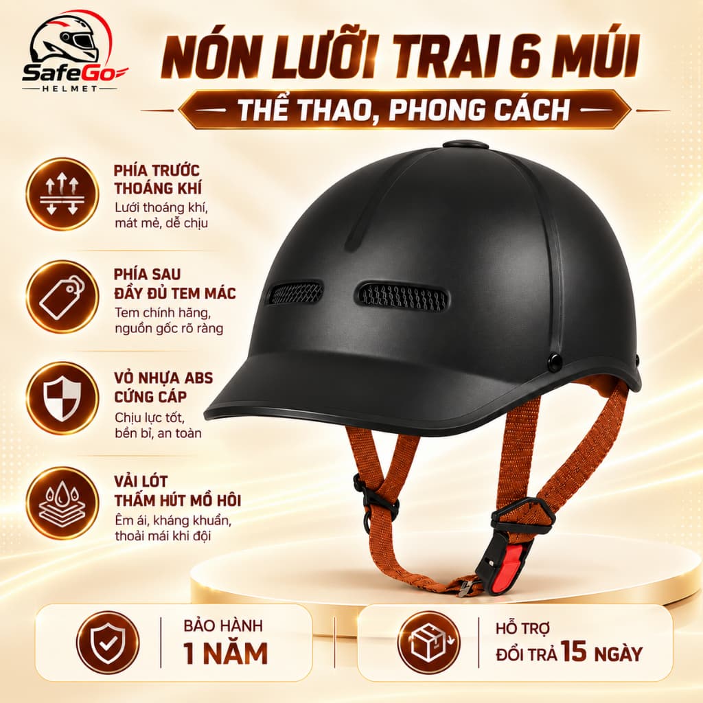 Nón Bảo Hiểm Lưỡi Trai 6 Múi  - Gọn Nhẹ, Dễ Phối Đồ, Phù Hợp Nam Nữ