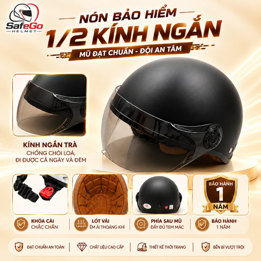 Mũ Bảo Hiểm Nửa Đầu Kính Ngắn Thời Trang, Cá Tính - Bảo Hành 12 Tháng