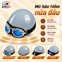 Mũ Bảo Hiểm Nửa đầu với Kính Phi Công và Kính UV, Freesize cho Nam Nữ, Đội Êm và Thoải Mái, Bảo Hành 12 Tháng. 1