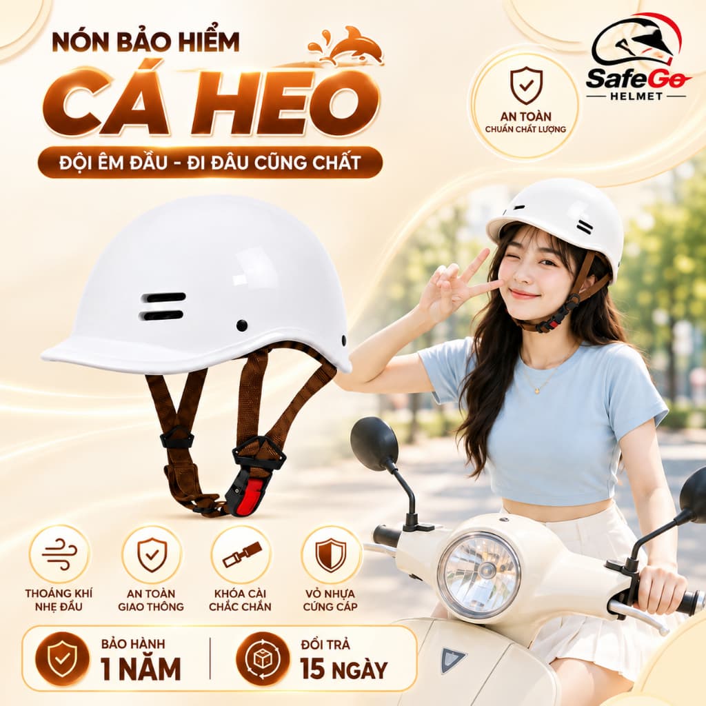 Nón bảo hiểm nửa đầu cá heo ABS an toàn, thiết kế cá tính, freesize cho vòng đầu 52-57cm, phù hợp cả nam và nữ.