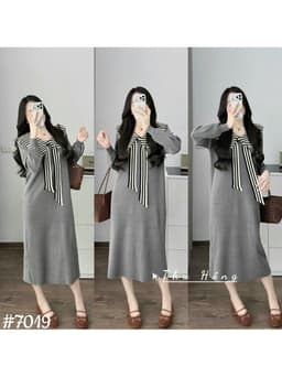 <Đầm bầu Quynhanhhouse> (QC) #7019 Váy len thuỷ thủ cổ nơ kẻ Free sz đen/ghi Bầu bí bon chen 2