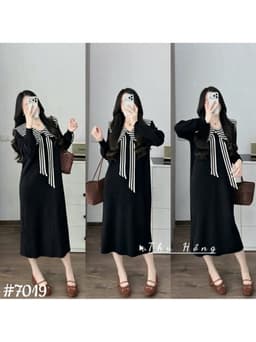 <Đầm bầu Quynhanhhouse> (QC) #7019 Váy len thuỷ thủ cổ nơ kẻ Free sz đen/ghi Bầu bí bon chen 3