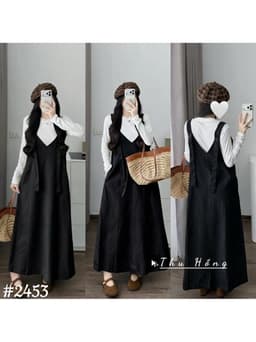 <Đầm bầu Quynhanhhouse> (QC) #2453 Set váy yếm cổ tim kèm áo Free sz be/đen Bầu bí bao đẹp 2
