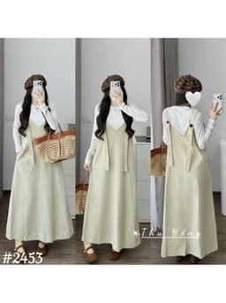 <Đầm bầu Quynhanhhouse> (QC) #2453 Set váy yếm cổ tim kèm áo Free sz be/đen Bầu bí bao đẹp 3