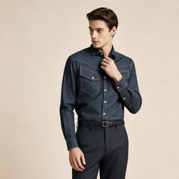 Blue Motor Shirt P190 - Sơ Mi Indigo Denim Cotton , Chỉ Nổi Tương Phản, Túi Ngực Western, Phong Cách Casual. 2