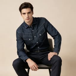 Blue Motor Shirt P190 - Sơ Mi Indigo Denim Cotton , Chỉ Nổi Tương Phản, Túi Ngực Western, Phong Cách Casual. 3