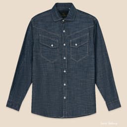 Blue Motor Shirt P190 - Sơ Mi Indigo Denim Cotton , Chỉ Nổi Tương Phản, Túi Ngực Western, Phong Cách Casual. 1