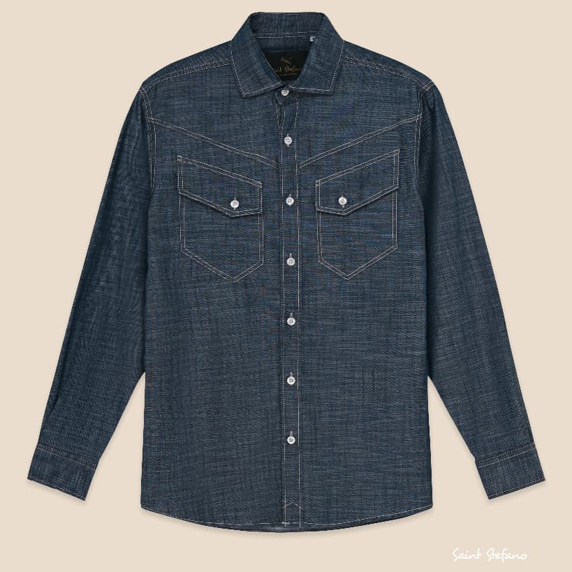 Blue Motor Shirt P190 - Sơ Mi Indigo Denim Cotton , Chỉ Nổi Tương Phản, Túi Ngực Western, Phong Cách Casual.