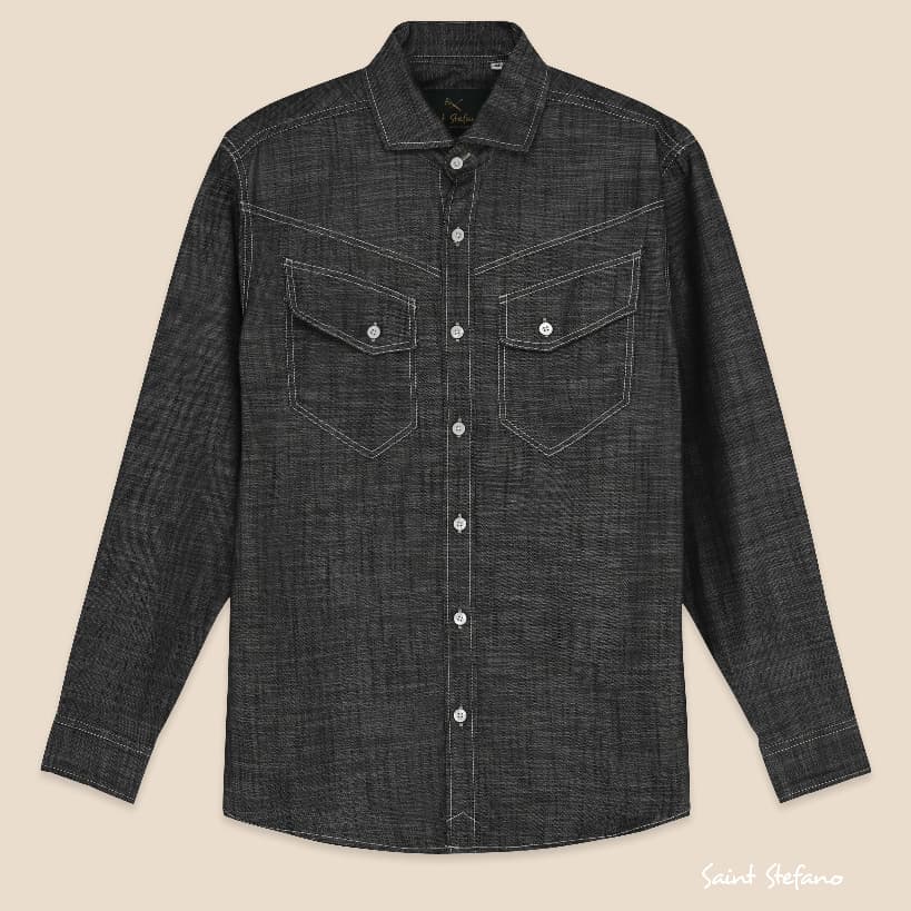 Black Motor Shirt P189 - Sơ Mi Black Denim Cotton , Chỉ Nổi Tương Phản, Túi Ngực Western, Phong Cách Casual