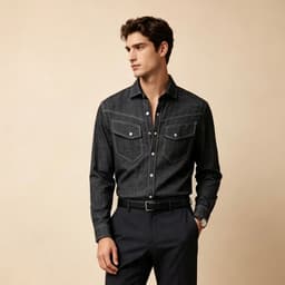 Black Motor Shirt P189 - Sơ Mi Black Denim Cotton , Chỉ Nổi Tương Phản, Túi Ngực Western, Phong Cách Casual 3