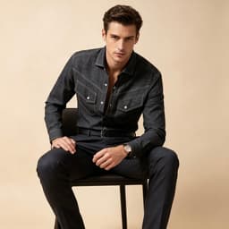Black Motor Shirt P189 - Sơ Mi Black Denim Cotton , Chỉ Nổi Tương Phản, Túi Ngực Western, Phong Cách Casual 2