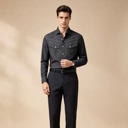 Black Motor Shirt P189 - Sơ Mi Black Denim Cotton , Chỉ Nổi Tương Phản, Túi Ngực Western, Phong Cách Casual 4