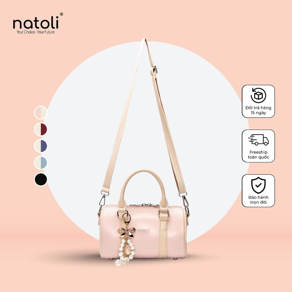 Túi đeo chéo da NATOLI, túi trống mini da chống nước nhiều ngăn thời trang BST Trendy Bowling Bag T37