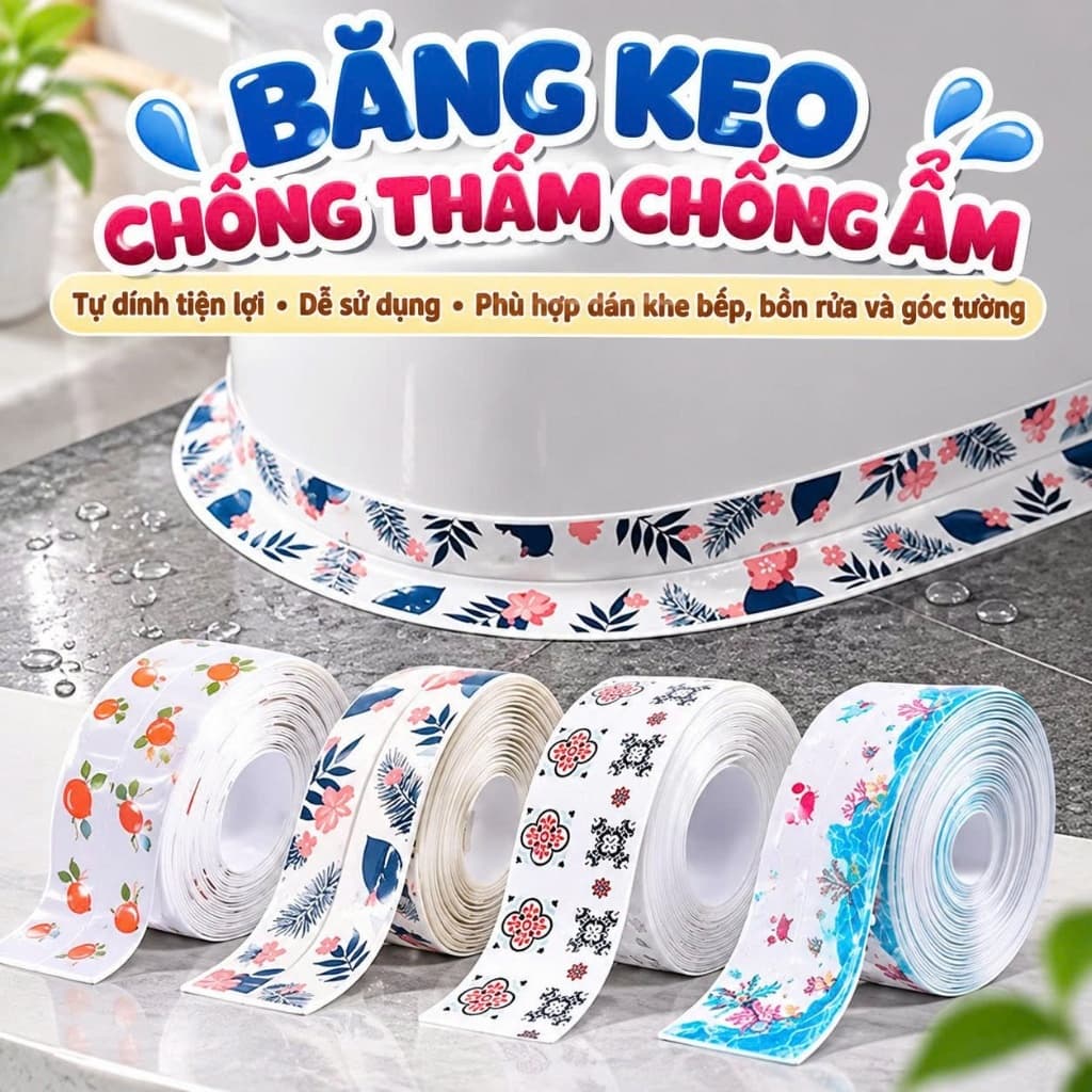 Băng PVC dán viền đa năng dán cạnh bếp bồn rửa chén, bếp ga chống thấm họa tiết hoa lá 150x3.8cm